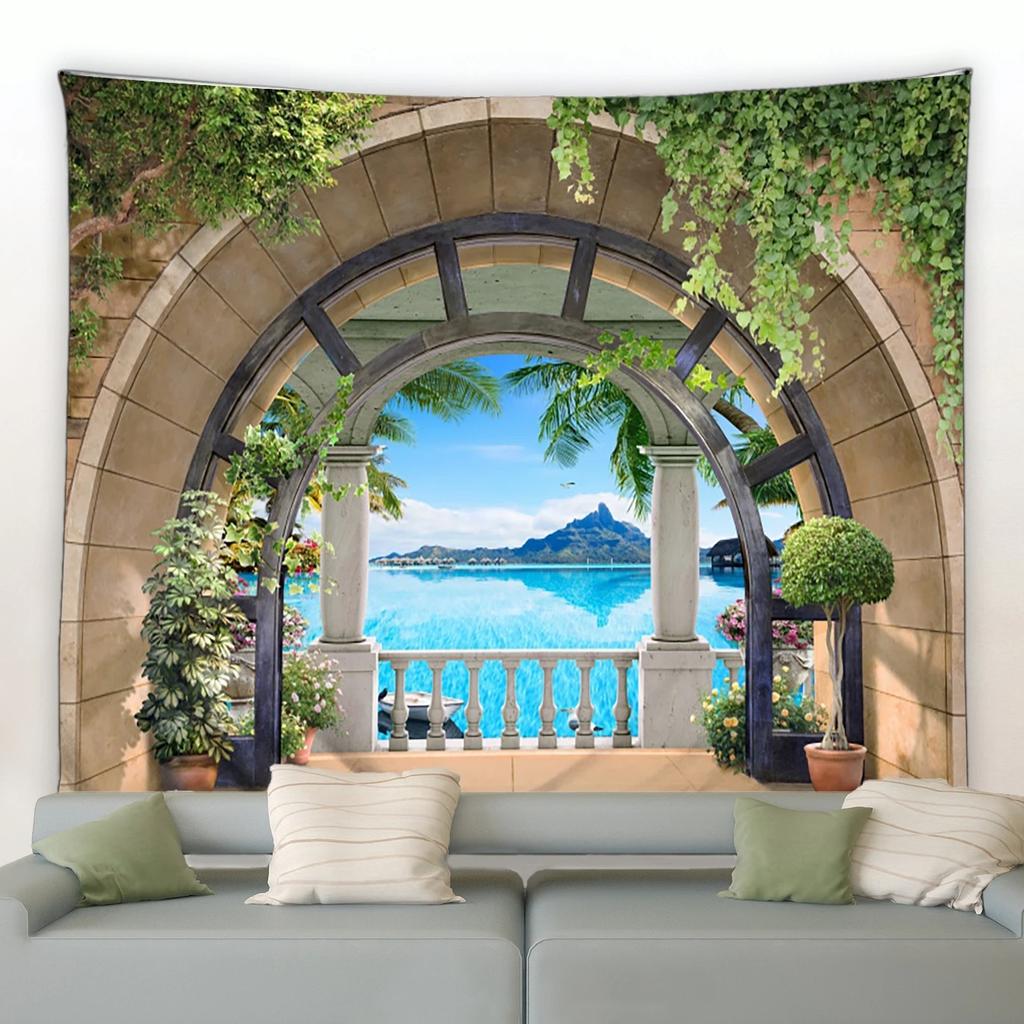 Arazzo Paesaggio Parco Fiorito Erba Verde Fiori Fiume Oceano Palme Scenari Naturali Decorazione Giardino Casa Panno da Appendere a Parete