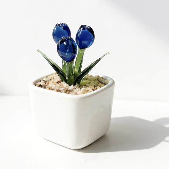 Faux Crystal Flower Figurine Mini Hand Blown Glass Potted Flower Ornament for Home Office Table Decor Gifts for Wedding Birthday Mother's