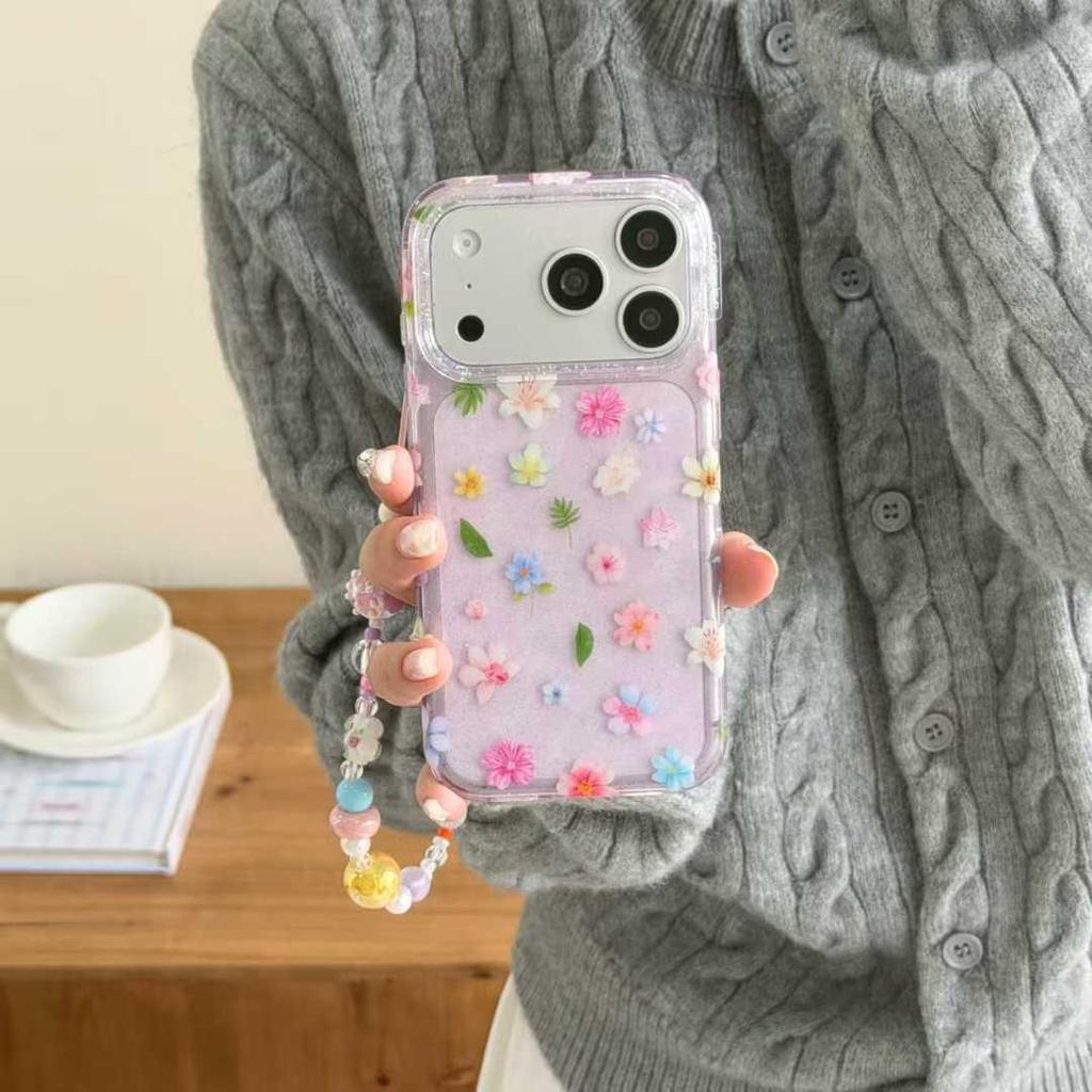 Korean Aesthetic Glitter Flower Chain Case for iPhone 14/15/16/17 Pro Max