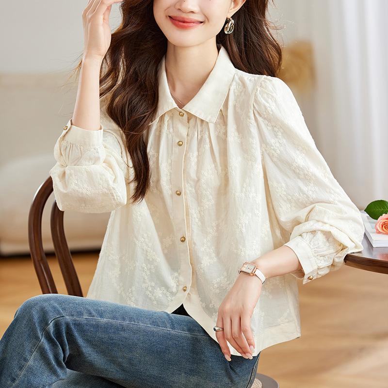 French Gentle Style Pure Cotton Embroidered Shirt for Women In Spring and Autumn Design Niche Slim Fit Top for Women