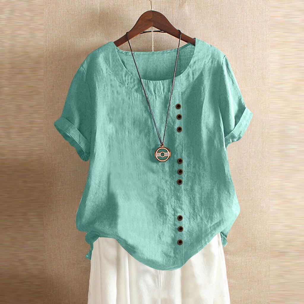 Women's Fashion Casual Solid Color Round Neck Short Sleeve Cotton Linen T-Shirt Top