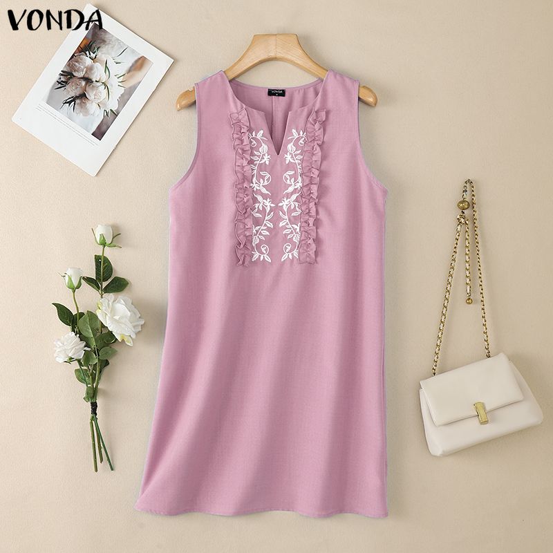 VONDA Summer Women O Neck Sleeveless Embroidery Casual Long Ruffled Tank Dress