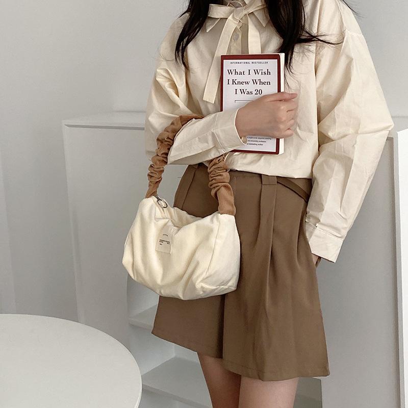 

Candy Color Women Little Shoulder Bag Corduroy Handbag Small Tote Lady Underarm Bags Contrast Fabric Cute Eco Cotton Cloth Purse