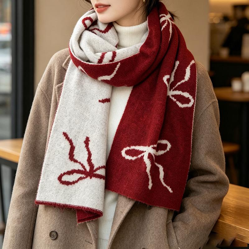 INS girly bow jacquard scarf wool blended double-sided contrasting scarf autumn and winter atmosphere temperament scarf