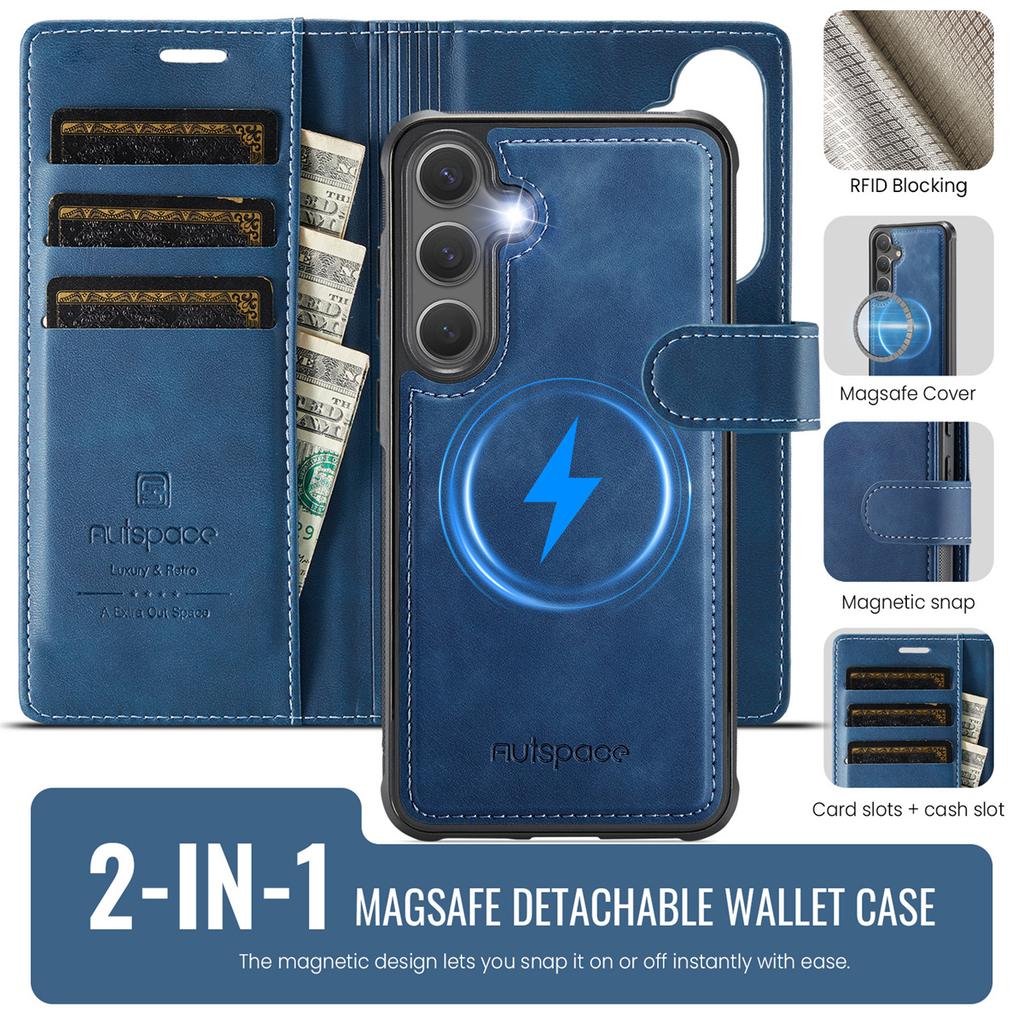 2-in-1 Magnetic Detachable Wallet Case for Samsung Galaxy S24/S24 Plus/S24 Ultra - PU Leather, Card Slots, Wireless Charging, 360° Protection