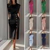 Fashion Girly Solid Color Crew Neck Ruched Hem Metal Button Summer Dress for Women