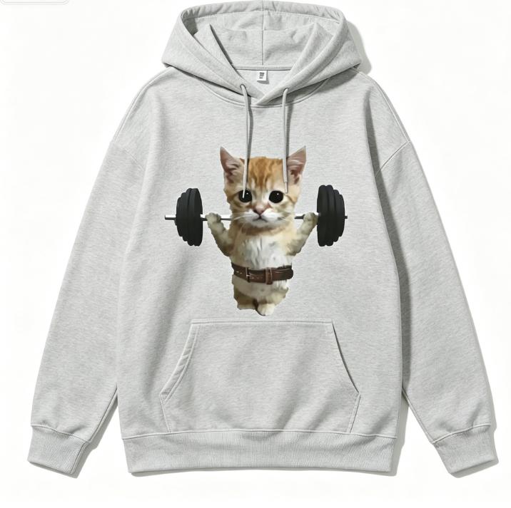 Street Style Women Hoodie Cute Meme Cat Lifting Dumbbell Graphic Print Loose Fit Drawstring Sweatshirt Casual Daily Women Hoodie