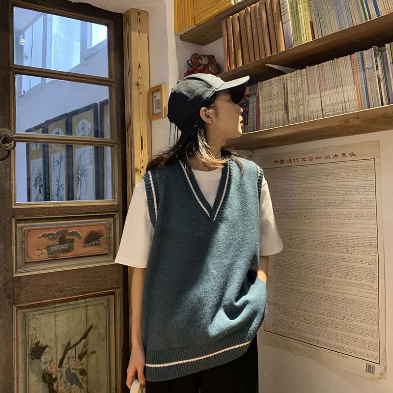 Vest Patchwork Student V-neck Women Knitted Sweater Sleeveless Female Vintage