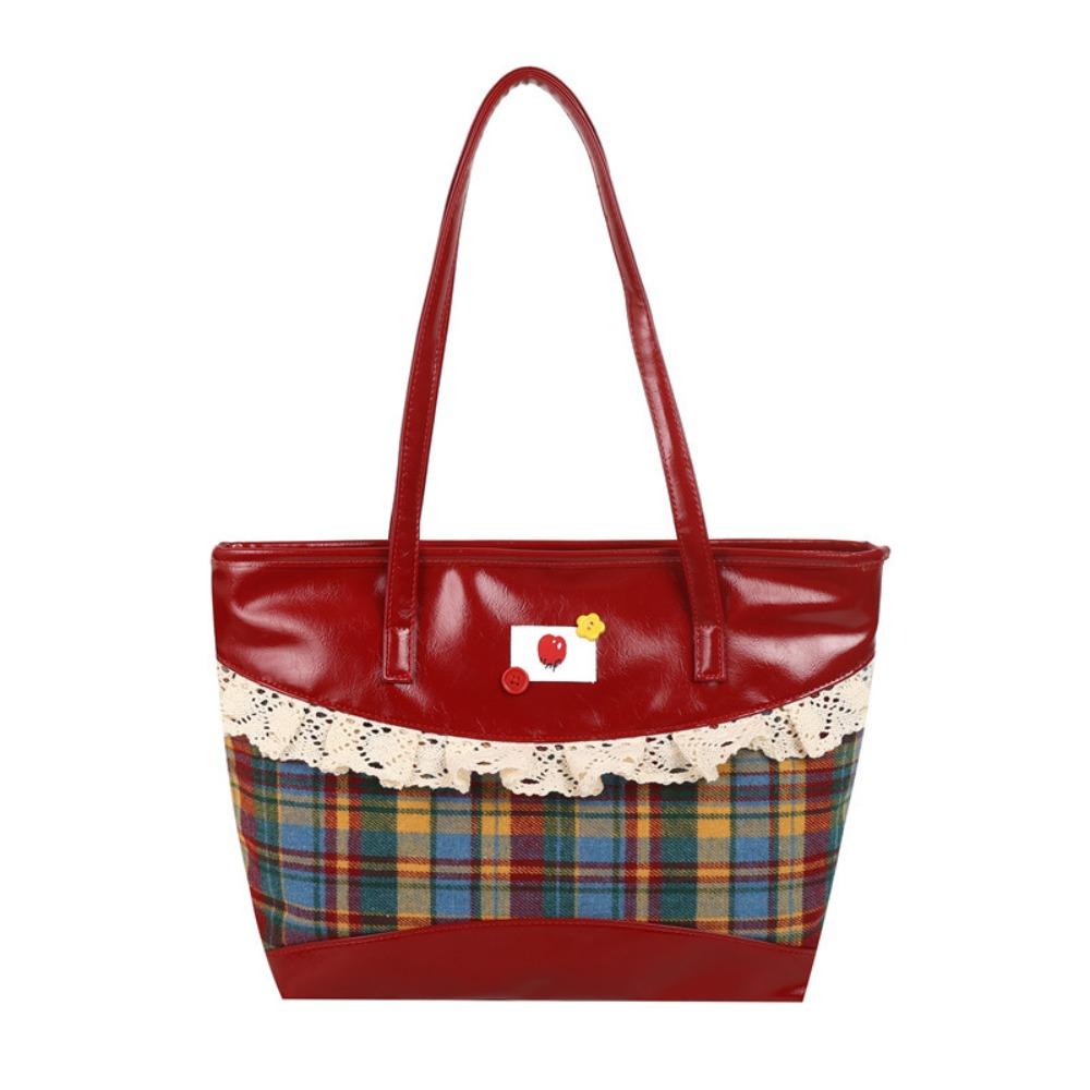 Lattice Lace Bow Shoulder Bag Rural Style Commuting Tote Bag Retro Denim Plaid Handbag Students