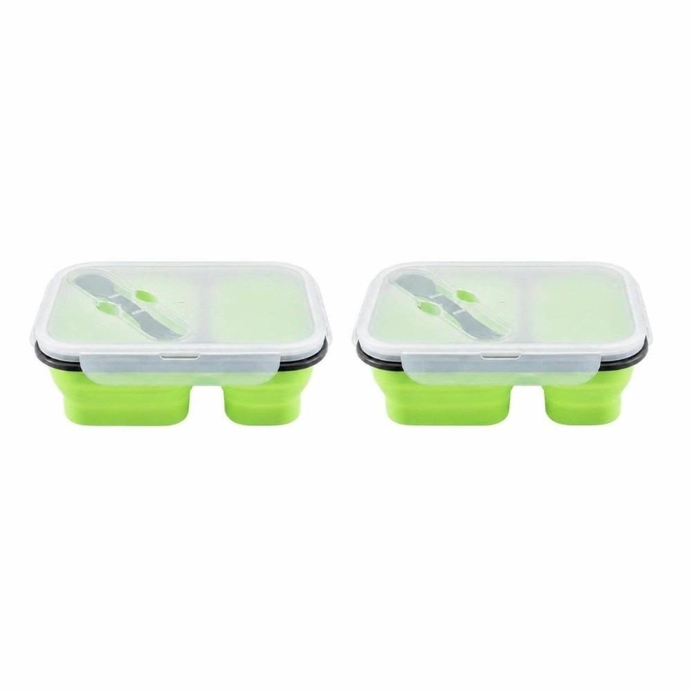 2PCS 2 Compartments Collapsible Lunch Box Silicone Portable Storage Bowl  For Meal Prep