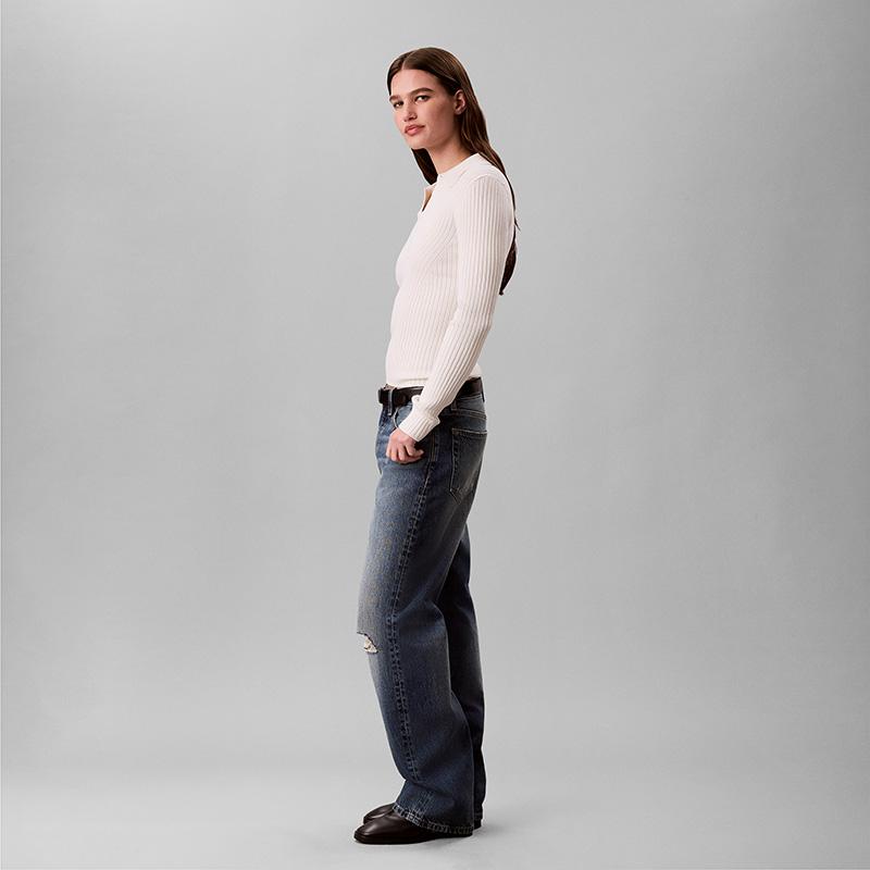 Calvin Klein Elegant Commuter Slim Fit Short Ribbed Seagull Collar Polo Knit Top Women tops 47H339G