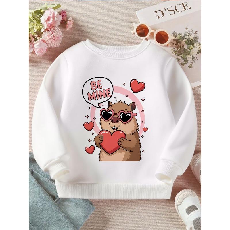 Kids Crewneck Long Sleeve Pullover Sweatshirt, Cartoon Capybara Holding Hearts Graphic Print 110 белый
