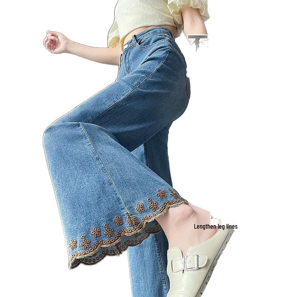 Women's Chinese Style 3D Embroidered Wide-Leg Lace Flare Jeans for Spring/Autumn 2026