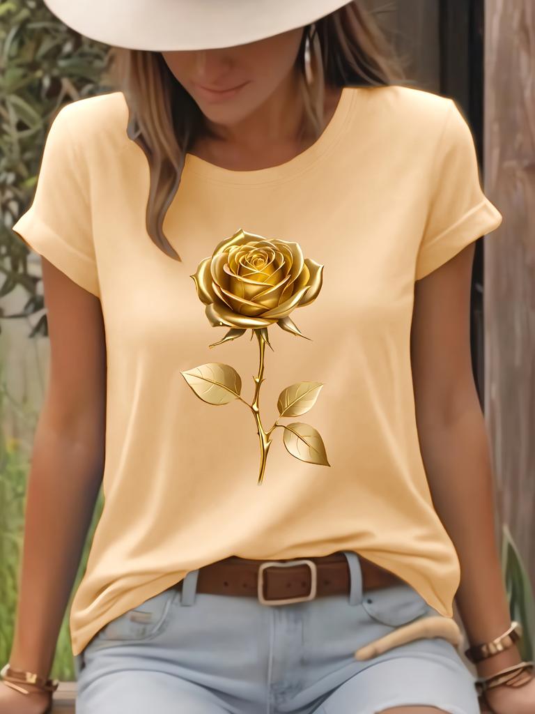 Golden Rose Print T-Shirt Short Sleeve Crew Neck Casual Top for Summer Clothing Fashion Harajuku Kawaii T-shirt Y2K Clothing