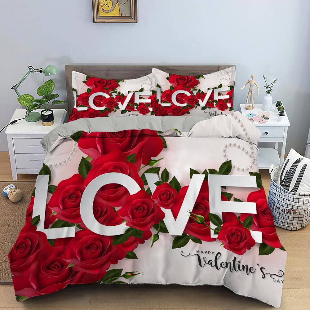 Red Rose King Queen Duvet Cover Romantic Flower Bedding Set Valentine's Day Quilt Cover Couples Floral Polyester Comforter Cover