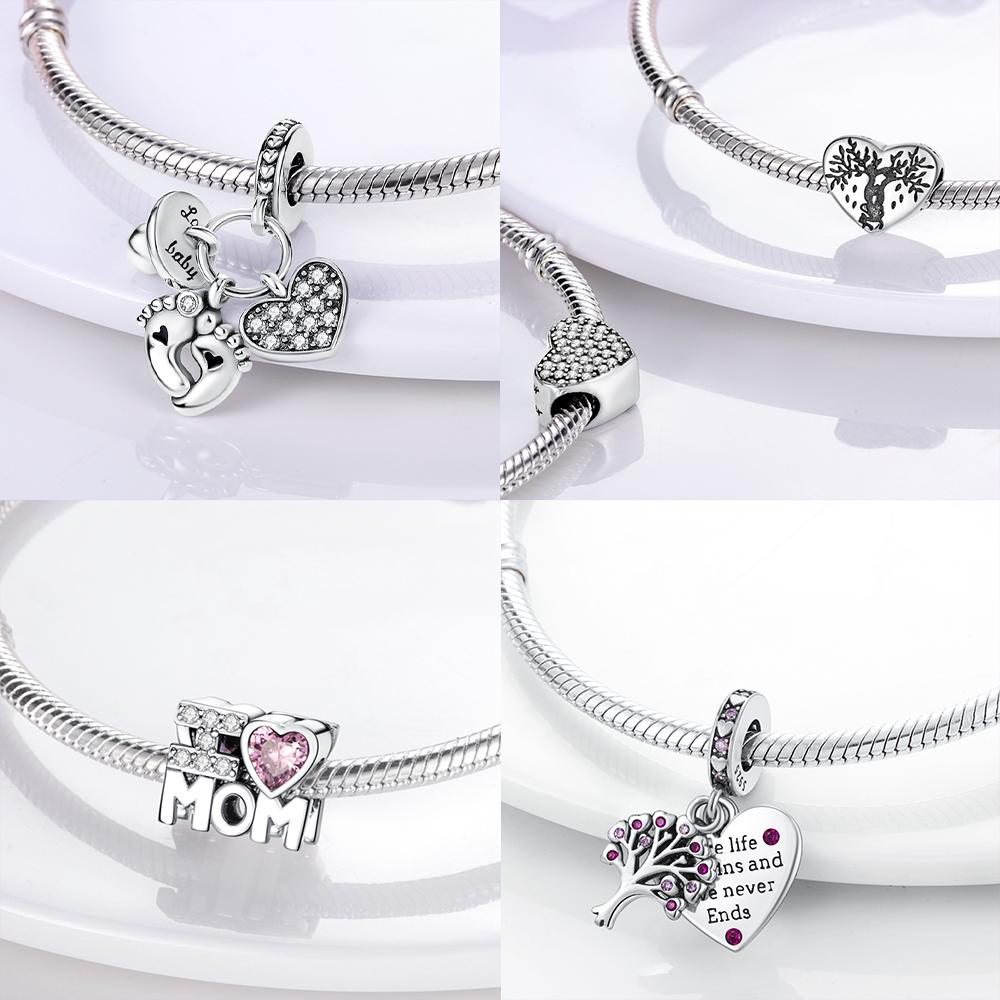 Original Copper Pink Family Love Heart Charm Beads Fit Pan Bracelet Diy Sister Mother Friendship Pendant Fine Gift Jewelry