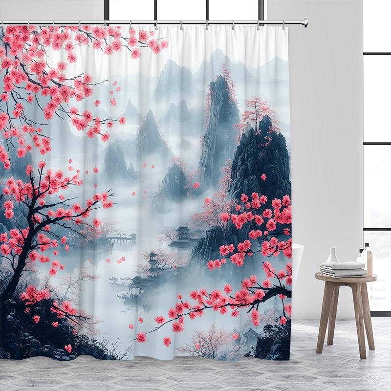 Rideaux de douche style japonais Lac de montagne abstrait Pavillon Fleur Art à l'encre Tissu de rideau de bain Décor de salle de bain pour la maison Avec crochets
