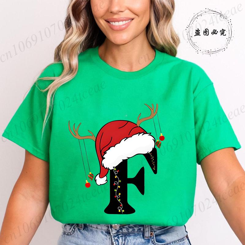 Fashion Merry Christmas Gift for Female Clothing Christmas 26 Alphabet Print TShirt for Women Casual Xmas Tees Short Sleeve Top