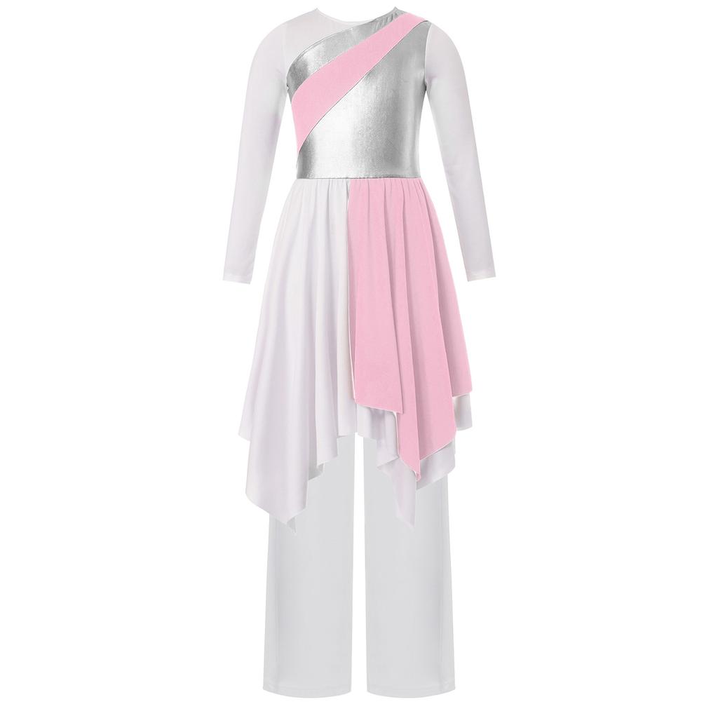 Girls Asymmetrical Hem Worship Dance Dress Elastic Waistband Pants Performance Set