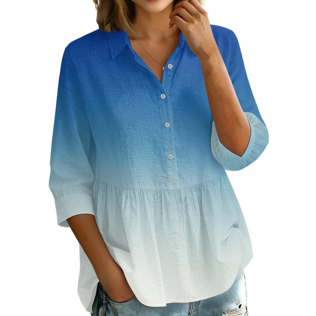 Women's Gradient Print Button Down Blouse - Three Quarter Sleeve, Notched Lapel, Loose Fit Casual Shirt Top