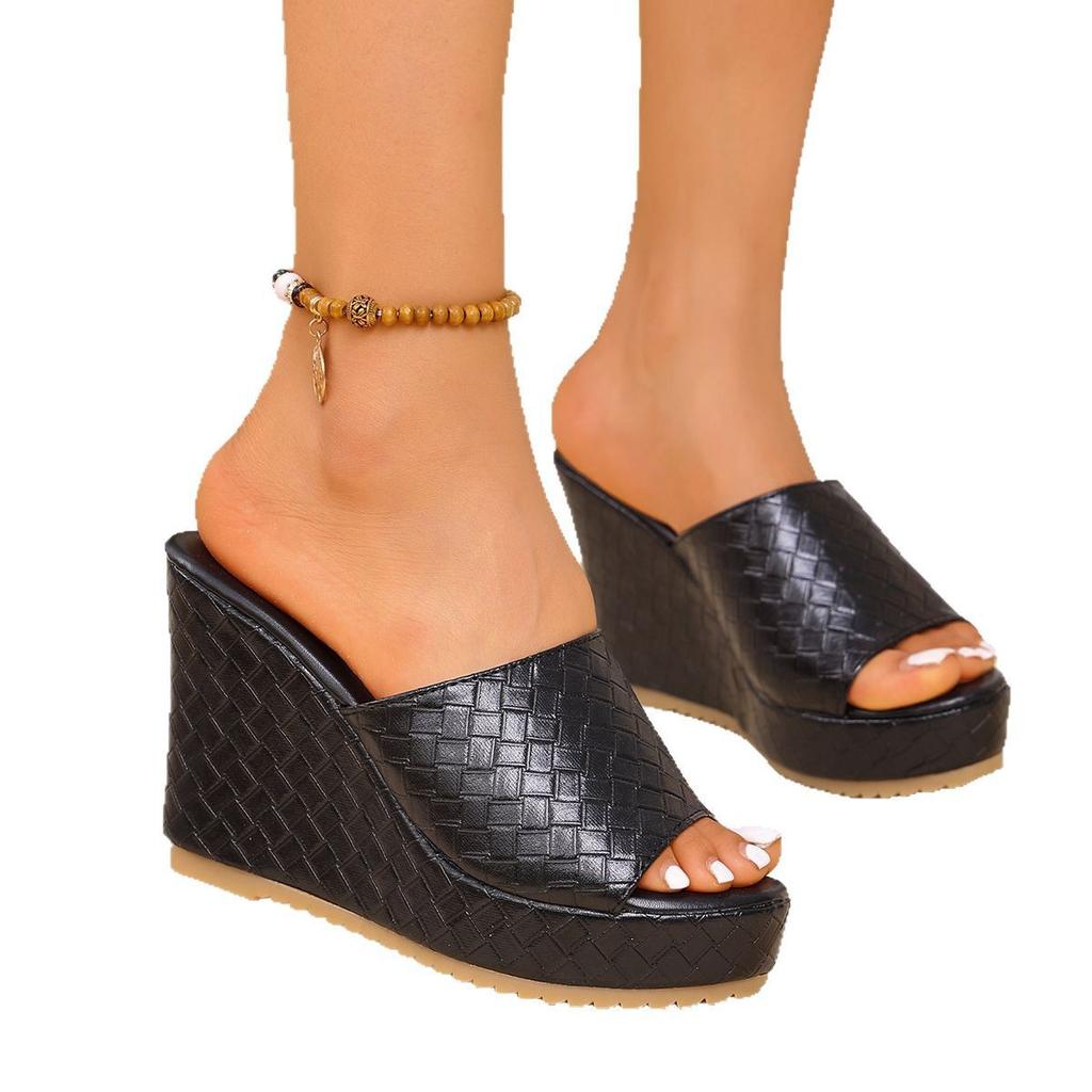 Wedge heel slippers women's new thick-bottomed plaid pattern waterproof table muffin bottom fish mouth one-word sandals large size