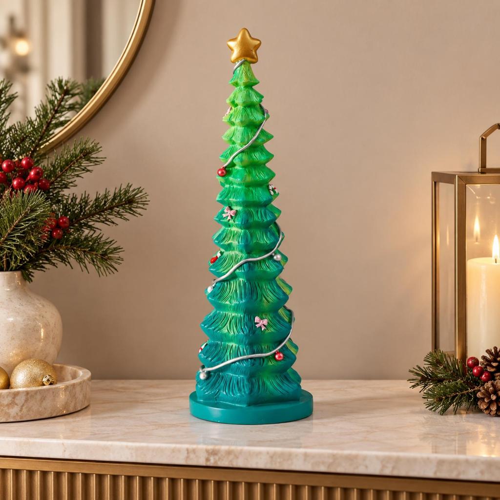 Tabletop Christmas Tree with Star Topper Freestanding Round Base Compact Holiday