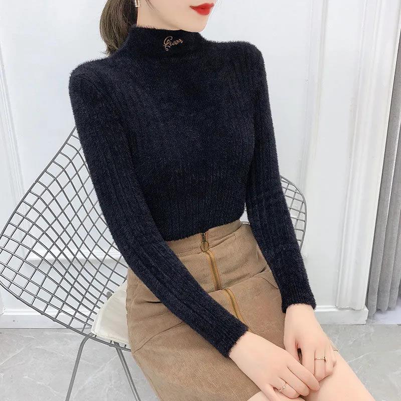 Mink Fleece Sweater Women's Solid Color Letter Embroidered Sweater Cropped Half Turtleneck Bottoming Shirt