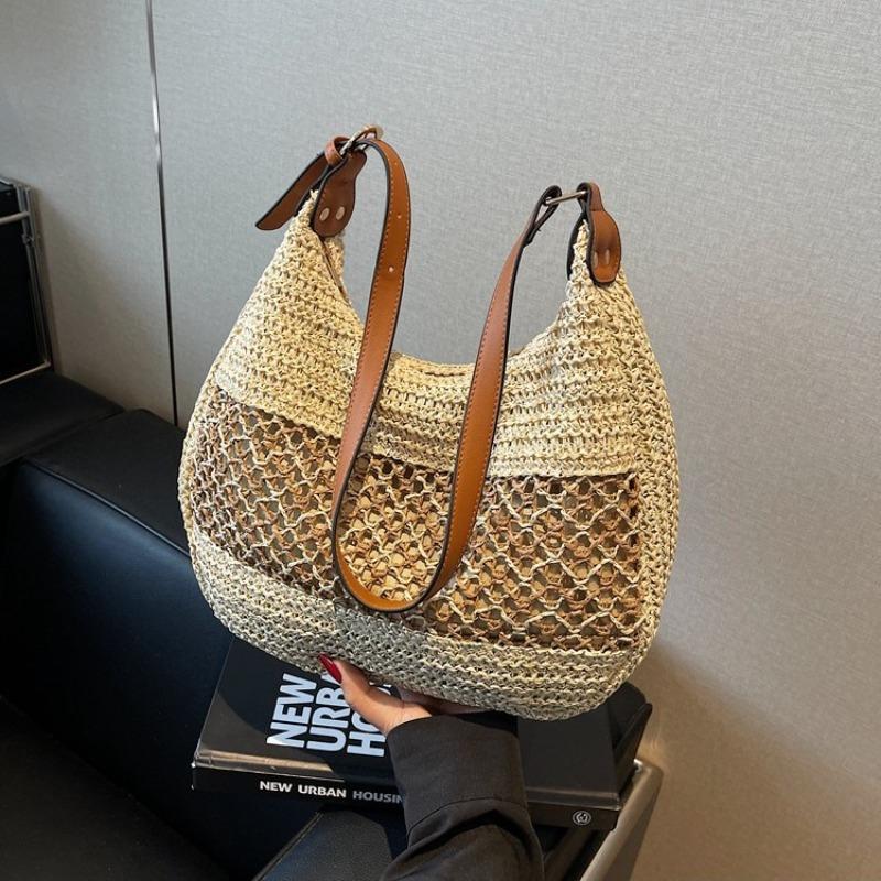 Hollow versatile straw woven bag large capacity zipper woven bag shoulder tote bag seaside vacation beach bag women's bag