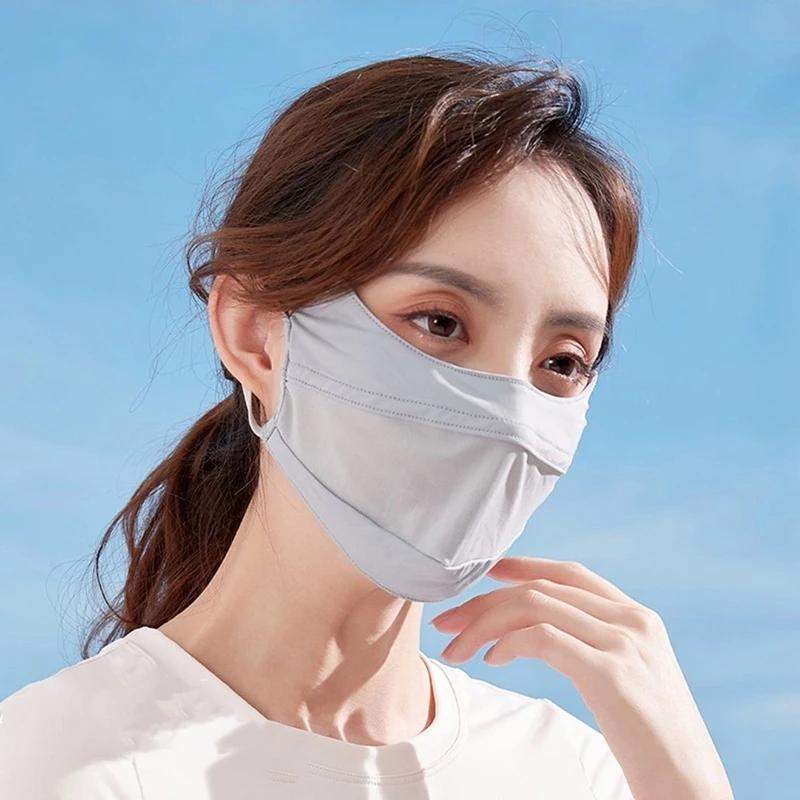 Women Ice Silk Mask Thin Breathable Mesh Face Cover Summer Outdoor Sunscreen Mask Adjustable Anti-UV Cycling Running Sport Mask