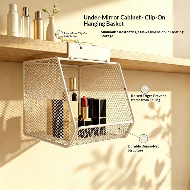 Under Sink Storage Basket Metal Mesh Hanging Basket Drill Free Rust Proof Drainage Bathroom Skincare Organizer Space Saving Rack