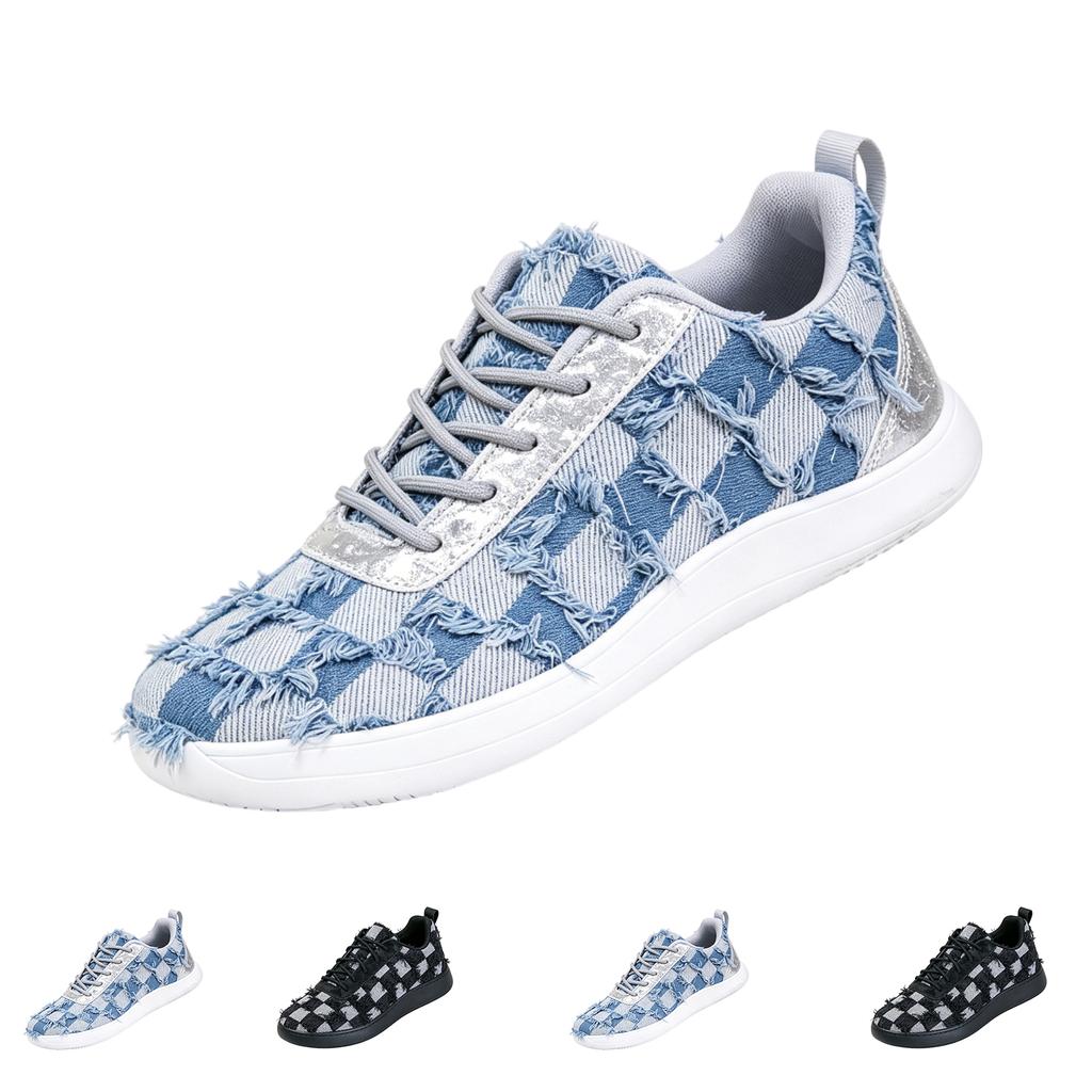 Womens Distressed Denim Patchwork Lace Up Soft Sole Casual Athletic Shoes Lightweight Breathable Slip Resistant Sneakers