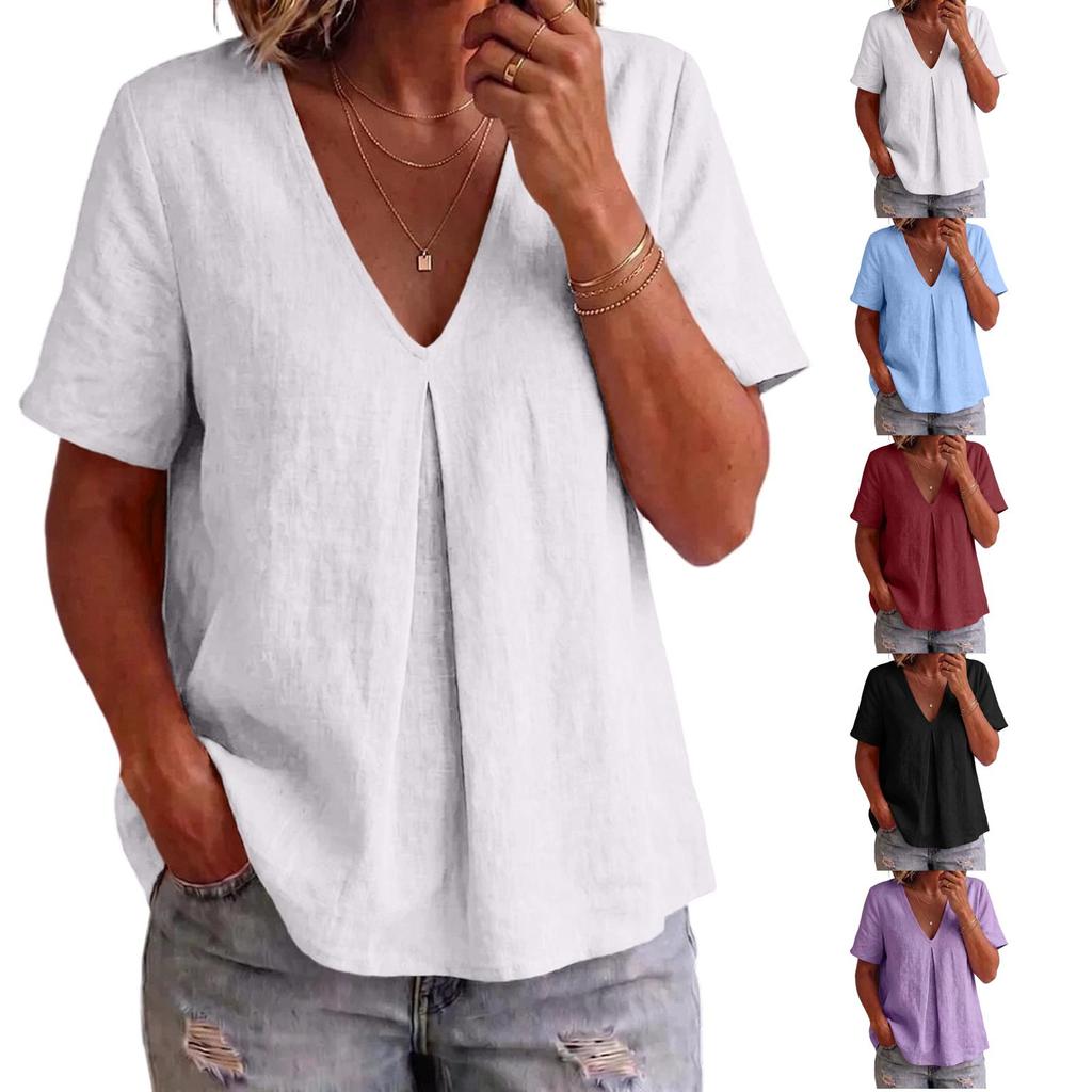 Women Casual V Neck Loose Fit Short Sleeve Blouse Lightweight Soft Fabric Comfortable Summer Top