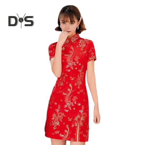 Kvinnor Sommar Cheongsam Stativ krage Dragon Phoenix Tryck Delad fåll Qipao Slim Fit Retro kinesisk stil Ovanför knälängd Bröllopsfest Cocktailklänning