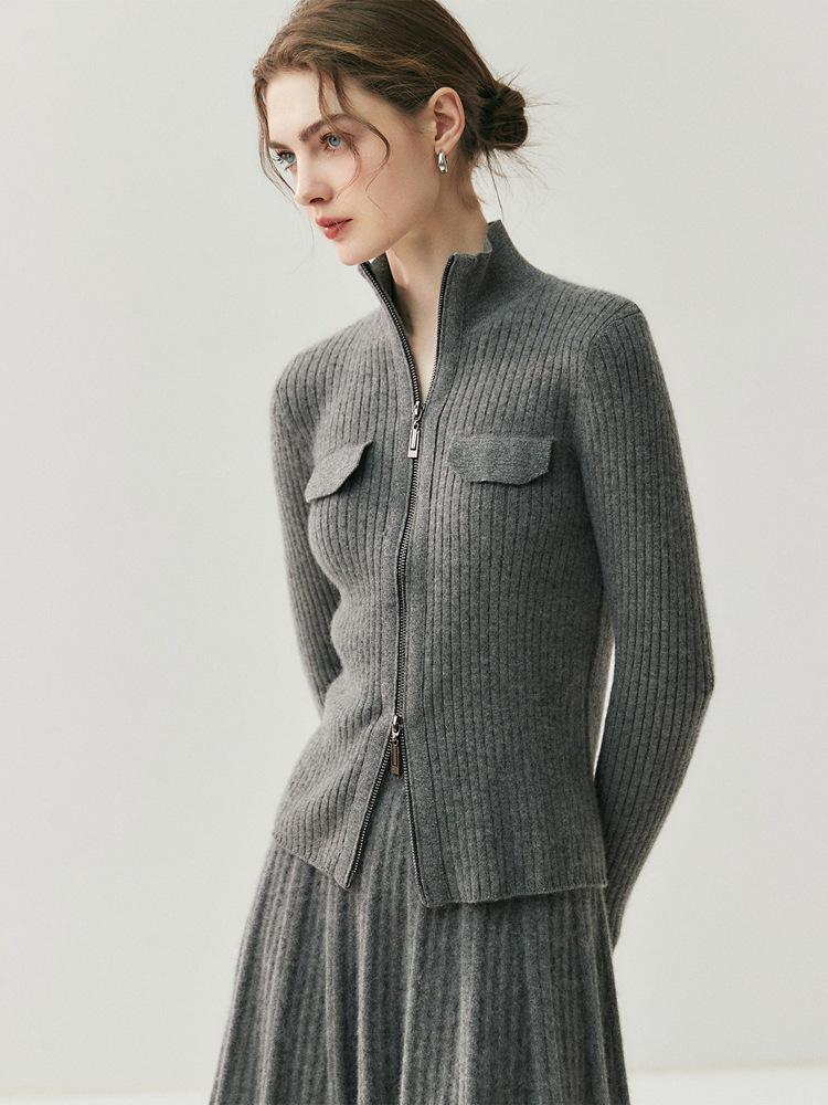 2025 Autumn/Winter Women's High Neck Cashmere Cardigan with Double-Head Zipper and Faux Pocket Detailing