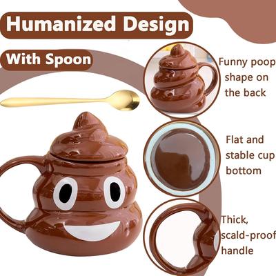 Funny Poop Coffee Mug with Spoon Ceramic Espresso Cups with Lid and Handle 480ML Unique Tumblers for Office Drinking Gifts