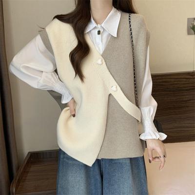 Spring and Autumn Ontrast Color Stitching Sweater Vest for Female Design Irregular Loose and Slim Sleeveless Knitted Waistcoat Vest Woman