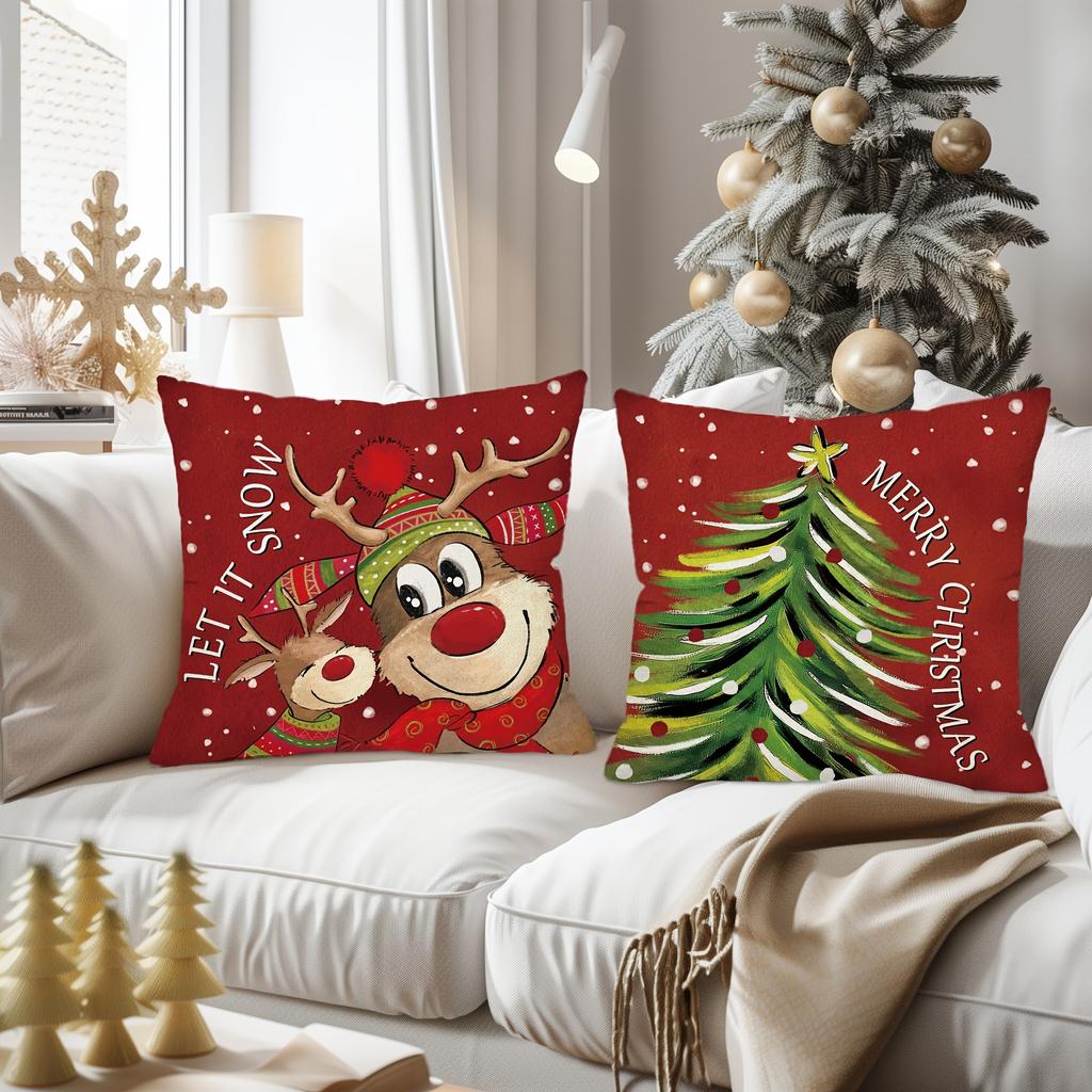 Christmas Decoration Pillowcase Fawn Christmas Tree Red Pillow Cover Living Room Sofa Cushion Cover Room Home Decoration 45x45cm