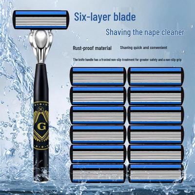 Men's 6-Blade Manual Razor with Universal Stainless Steel, Six-Layer Anti-Scratch Blade Holder