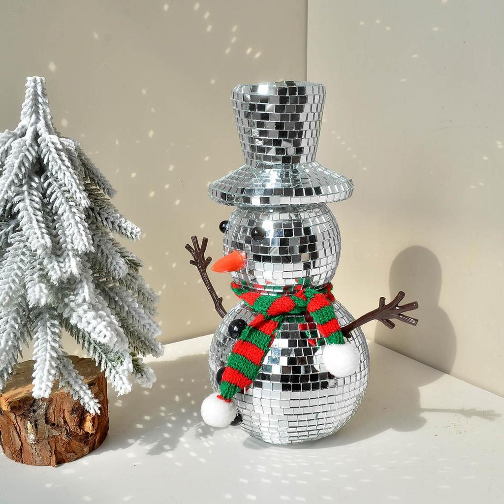 Disco Ball Reflective Christmas Snowman Statue with Knitting Scarf Hat Mirror Snowman Figurines for Dining Table Holiday
