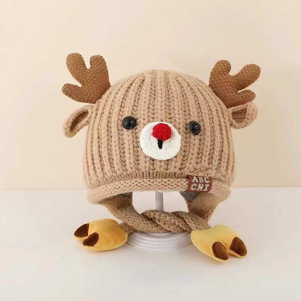 Cute Knitted Warm Baby Ear Protection Cap Christmas Elk Kids Winter Lacing Hat Outdoor Windproof Boys Girls Earmuff Beanie