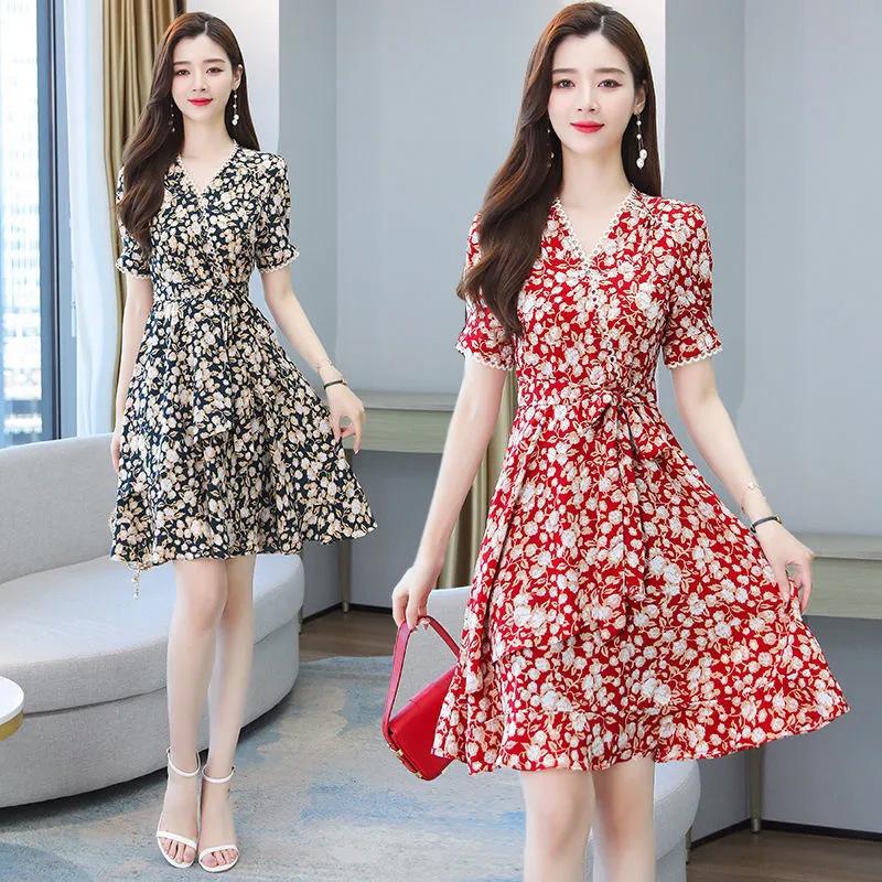 Summer new women's clothing French V-neck floral short-sleeved small slim red skirt chiffon dress