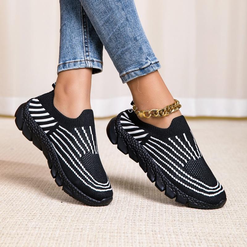 Ladies Knitted Walking Shoes Breathable Mesh Women's Flats Jogging Casual Sports Shoes Lightweight Slip-on Loafers