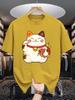 Unisex Summer Crew Neck Short Sleeve Tee Japanese Unisexeki Neko Lucky Cat Koi Fish Print Casual Loose Fashion Streetwear Daily Top