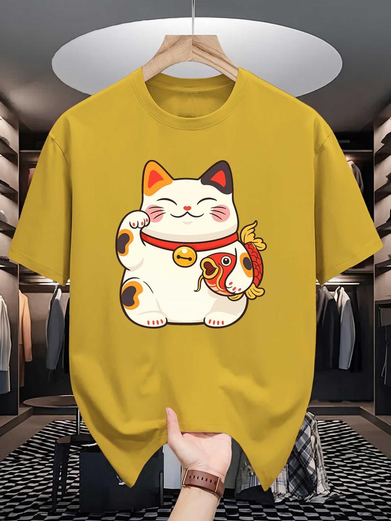 Unisex Summer Crew Neck Short Sleeve Tee Japanese Unisexeki Neko Lucky Cat Koi Fish Print Casual Loose Fashion Streetwear Daily Top