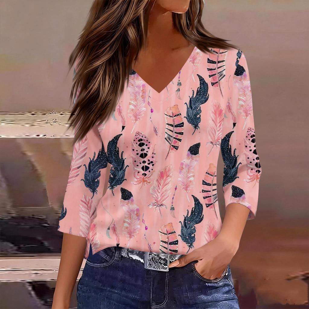 Womens Spring Tops V Neck 34 Sleeve Lightweight Summer Shirts for Women Casual Printed Blouse Womens Summer T Shirts Dressy Tops for Women