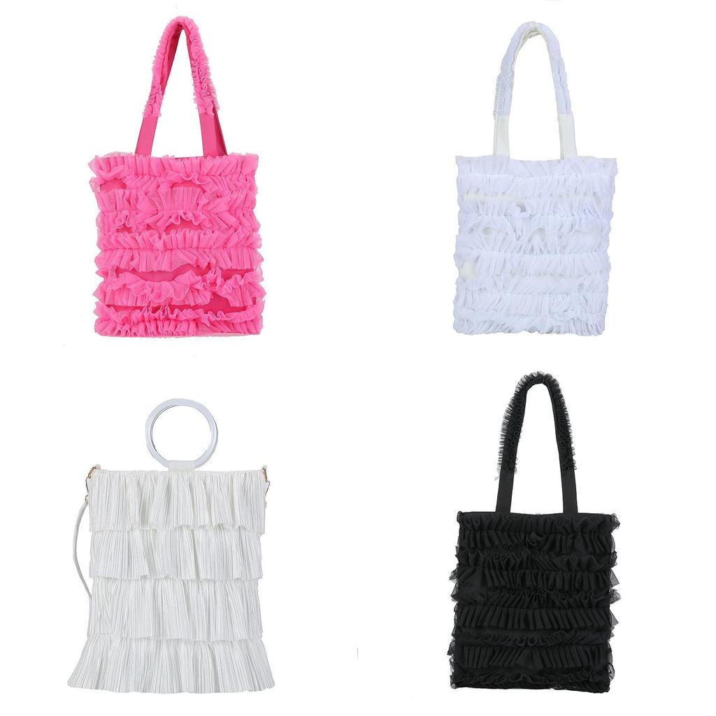 Korean Woman Bag Purse With Pleated Mesh And Satin Shoulder Strap For Daily Use
