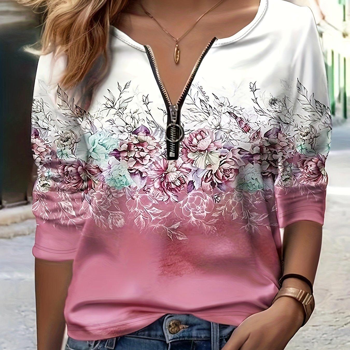 

Vibrant Floral Print Long Sleeve Zip-Up T-Shirt - Soft, Breathable, Relaxed Fit for Spring & Fall - Womens Casual Wear for Everyday Comfort XL