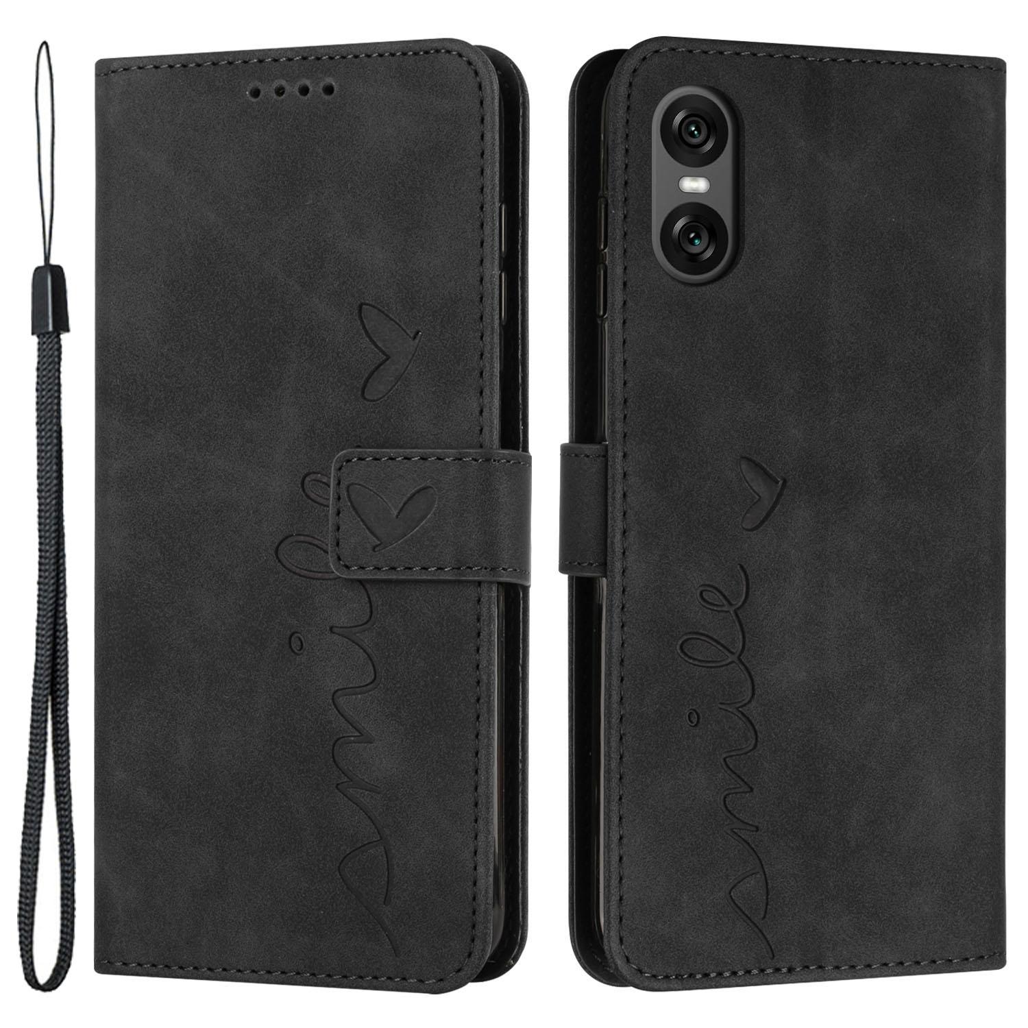 

For Sony Xperia 10 VI Phone Case Love Heart Imprinted Skin-Touch PU Leather Shell Black