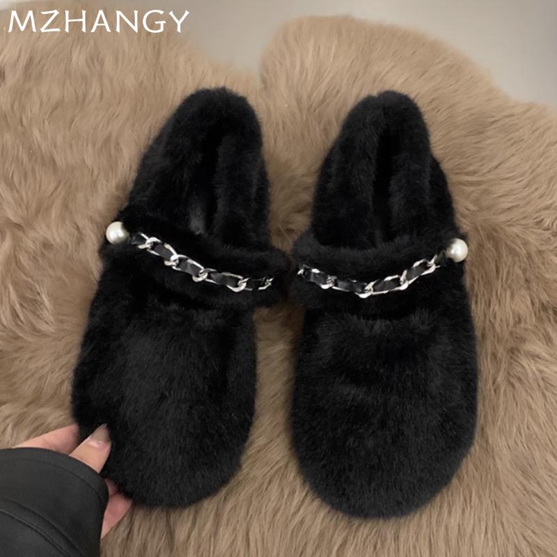 Fashion Fur Chain Women Flats Shoes Autumn New Designer Casual Shoes Women 2024 Trend Home Cotton Shoes Cozy Walking Dress Mujer Zapatos