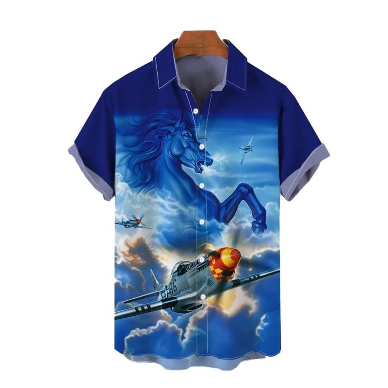 Hawaiian Shirt: Airplane Print Short Sleeved Quick Drying Beach Casual Party Holiday Shirt